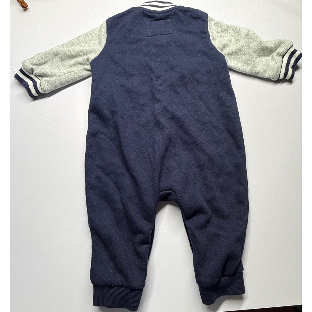 Baby Gap Varsity Romper Navy Blue Gray Bear Patch Snap Front 3-6 Months - Picture 2 of 9